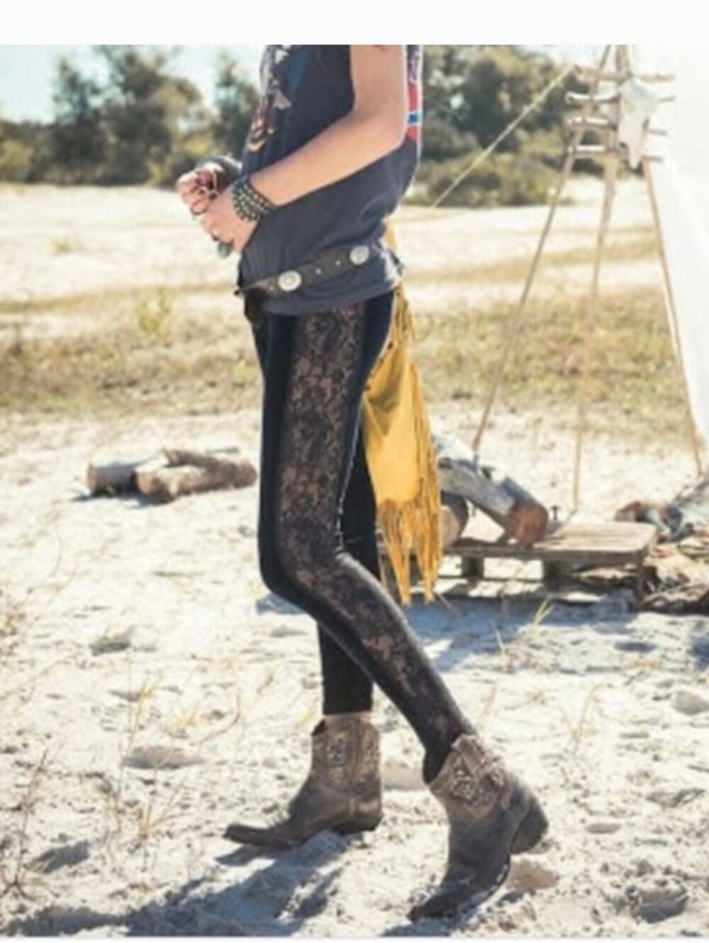Major SALE$$SPELL Vintage Black Suede And Lace Leggings